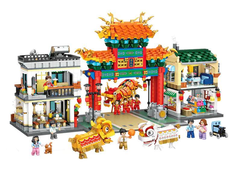 Bộ lắp ghép Khu Phố Người Hoa LOZ 1030 với 3581 mảnh ghép mini, tái hiện lễ hội múa lân sư rồng đầy màu sắc cho bé trai và bé gái trên 12 tuổi.