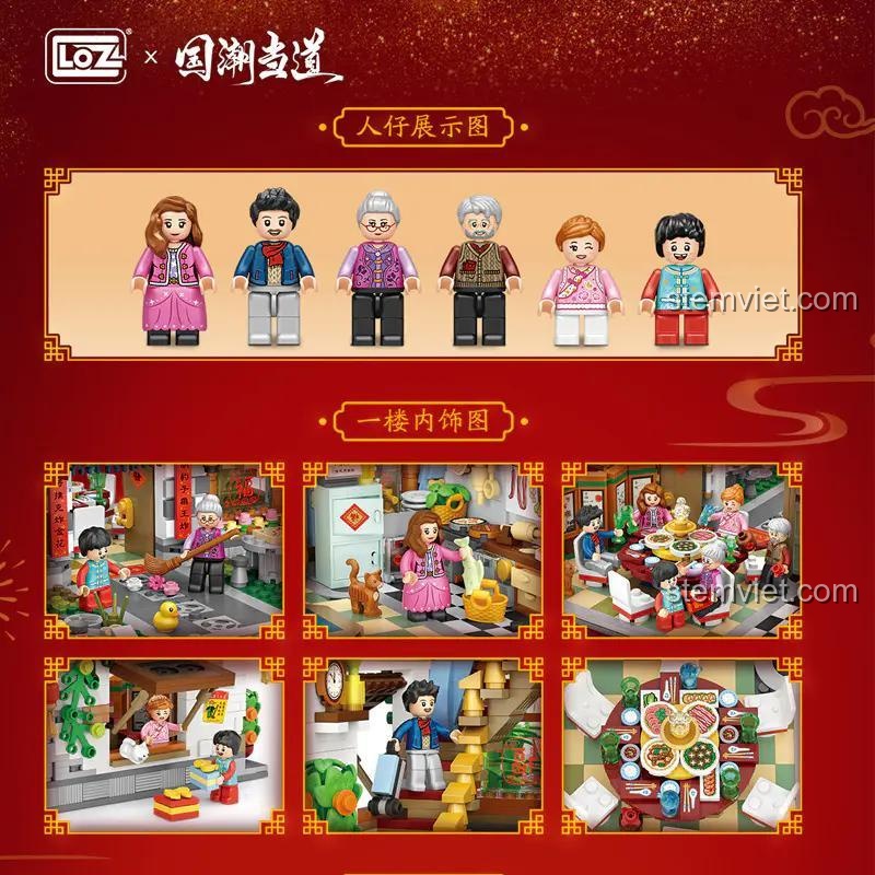 Chi tiết 6 nhân vật và nội thất tầng 1 của bộ xếp hình LOZ 1034. Hình ảnh cho thấy sự tỉ mỉ trong thiết kế bàn ăn, nhà bếp và các vật dụng trang trí Tết.