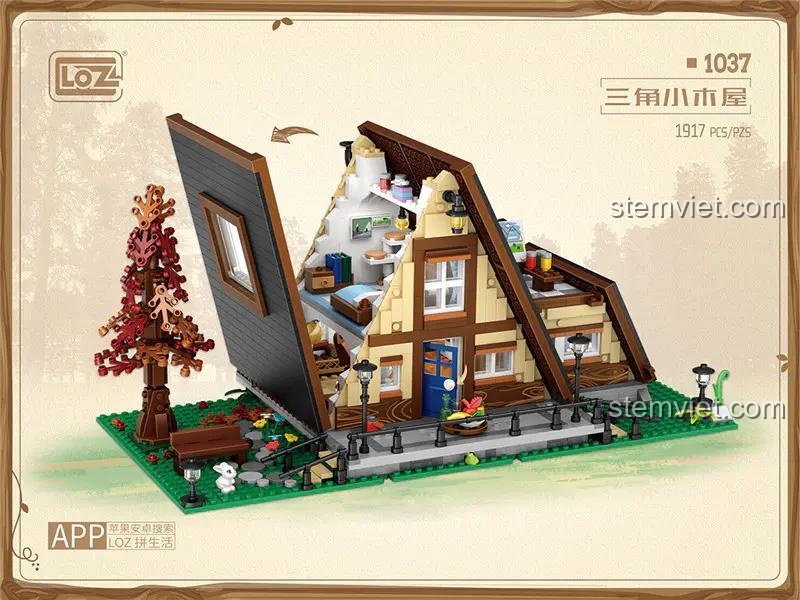 Chi tiết nội thất bên trong bộ xếp hình LOZ 1037 khi mở một bên mái nhà. Thể hiện rõ các phòng và đồ đạc được thiết kế tỉ mỉ.