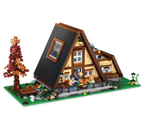 Toàn cảnh bộ lắp ghép Ngôi Nhà Gỗ Hình Chữ A mã 1037 của LOZ. Mô hình hoàn chỉnh với cây, ghế và các nhân vật đang sinh hoạt phía trước, phù hợp cho con gái 14 tuổi.