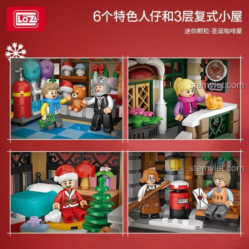 Chi tiết nội thất và 6 minifigures độc đáo của bộ xếp hình Tòa nhà Quán Cà Phê Mùa Noel LOZ 1054.
