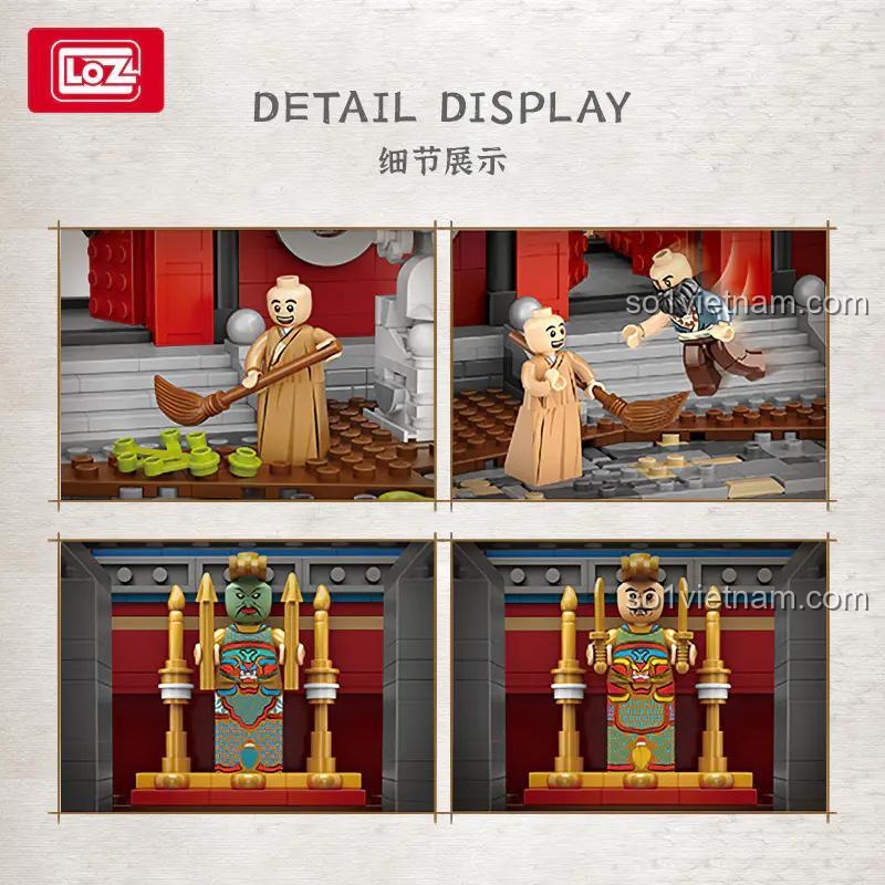 Chi tiết các minifigure và kiến trúc của bộ xếp hình LOZ 1055 Chùa Đại Tướng Quốc, một lựa chọn đồ chơi thông minh, sáng tạo.