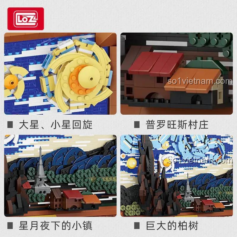 Chi tiết tinh xảo của tranh 3D LOZ 1066, với các ngôi sao xoay được và làng mạc sống động.