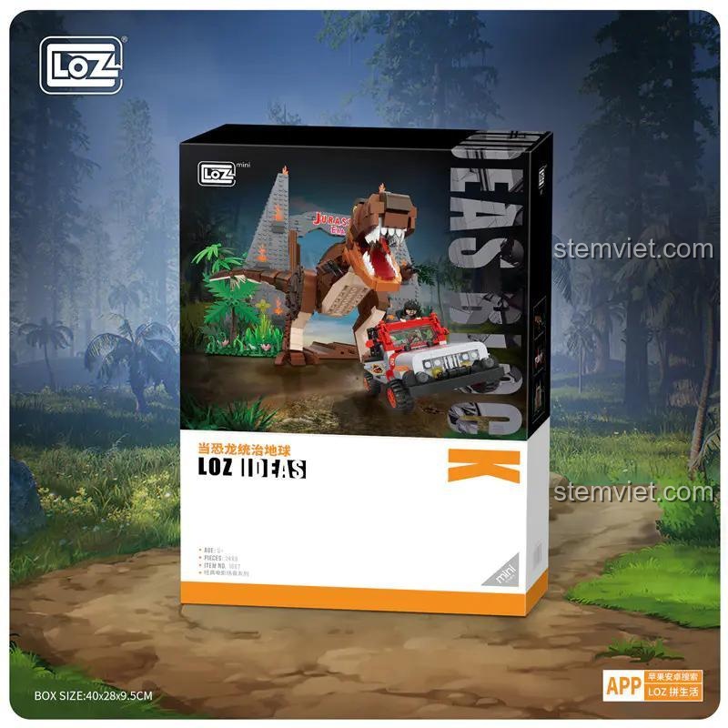 Hộp sản phẩm đồ chơi mô hình Thế giới khủng long LOZ 1067 với 2489 mảnh ghép mini block.