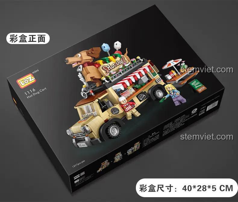 Hộp sản phẩm của đồ chơi mô hình Food truck xúc xích 1116, thể hiện rõ thiết kế và kích thước hộp, là món quà sinh nhật ý nghĩa.