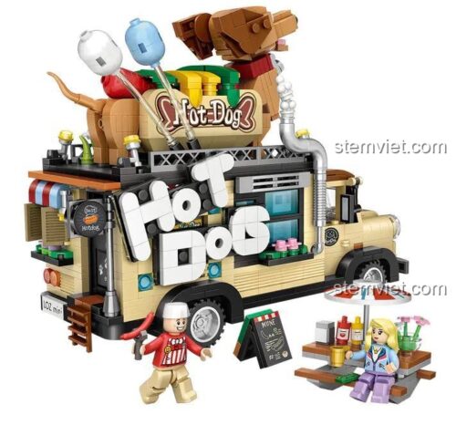 Toàn cảnh bộ xếp hình 1116 Xe tải bán xúc xích của LOZ, đi kèm 2 minifigures và các phụ kiện bàn ghế, phù hợp cho trẻ em 6+.