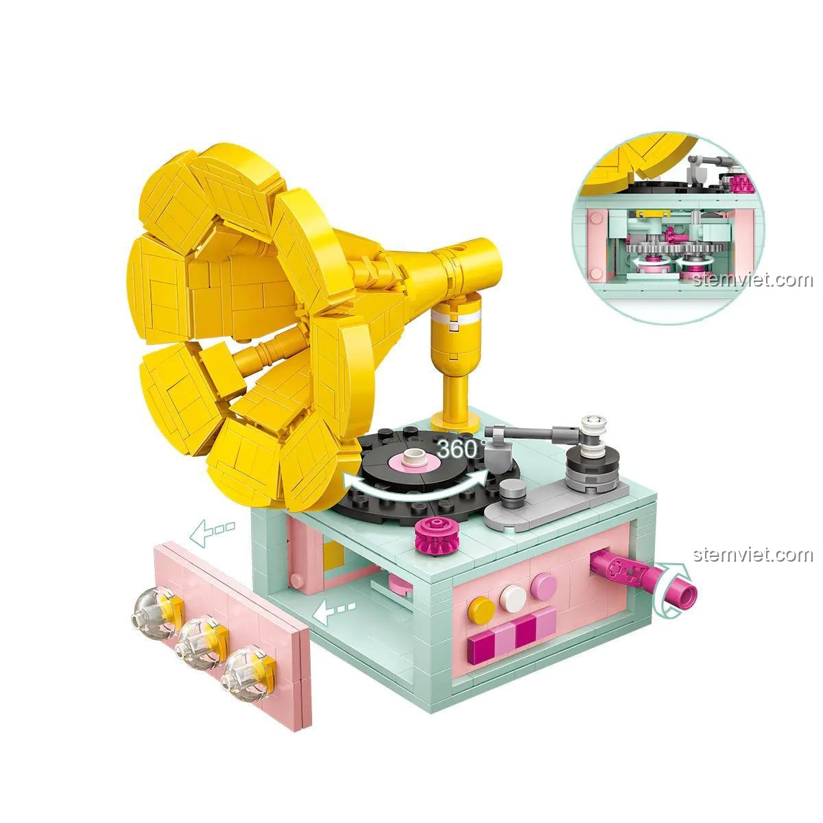 Chi tiết tính năng đĩa xoay 360 độ của đồ chơi xếp hình Máy Hát Đĩa Than Vintage LOZ 1123.