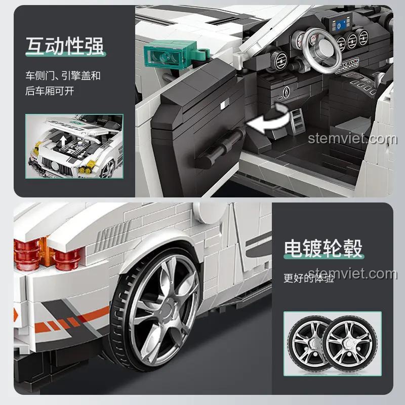 Chi tiết nội thất và bánh xe mạ điện của đồ chơi mô hình LOZ 1128, cửa xe có thể mở được.