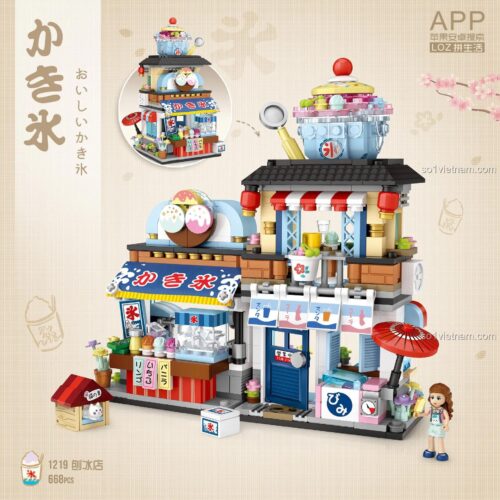 Poster giới thiệu bộ xếp hình LOZ 1219, mô tả chi tiết mô hình Kakigori và không gian phố ẩm thực Nhật Bản mini.