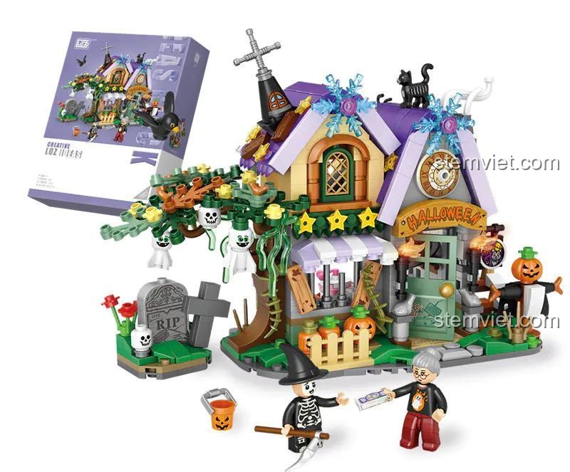 Đồ chơi mô hình LOZ 1233 Ngôi nhà ma Halloween và hộp sản phẩm, bộ xếp hình chủ đề Halloween độc đáo, chất lượng cao.