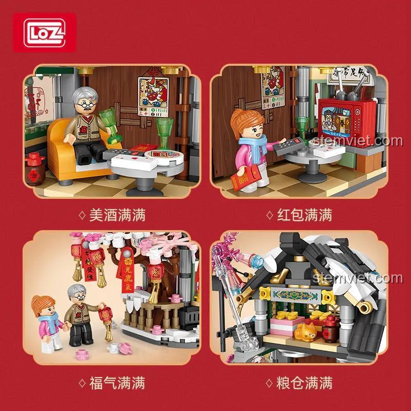 Chi tiết tinh xảo của bộ lắp ghép Tiểu Cảnh Đón Tết 1240, với các cảnh ăn uống, nhận lì xì, treo câu đối.