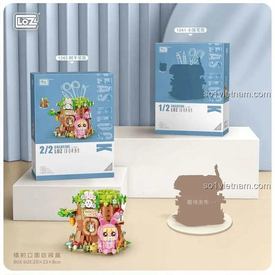 Bộ sản phẩm Hộp Cắm Bút Cây Cổ Thụ LOZ 1242 và hộp sản phẩm 1241