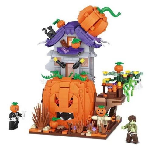 Mô hình lắp ráp Nhà Bí Ngô Halloween LOZ 1249 với 3 minifigures ma quái, đồ chơi xếp hình cho bé 6 tuổi.