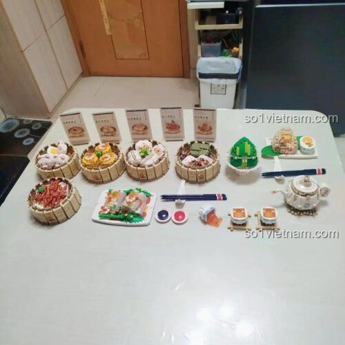Ảnh review bộ sưu tập đồ chơi mô hình Dim sum xíu mại LOZ 1260 và các món điểm tâm Quảng Đông khác.