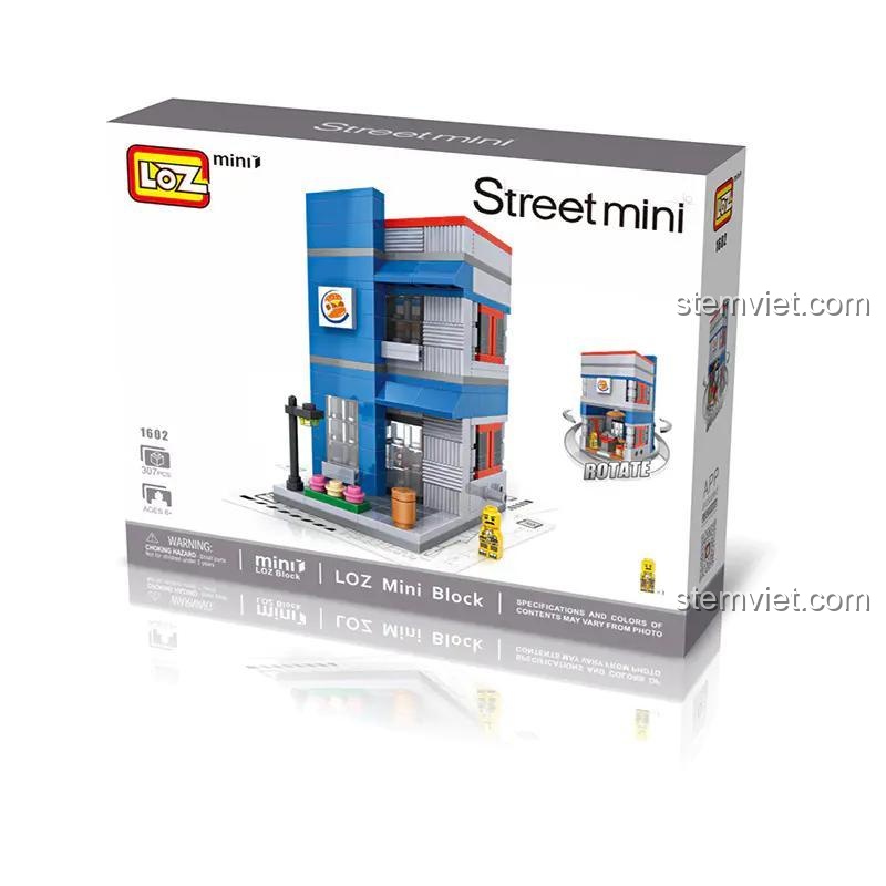 Kích thước chi tiết đồ chơi mô hình Cửa hàng Hamburger LOZ, cao 9.6cm, thiết kế mini block tinh xảo.