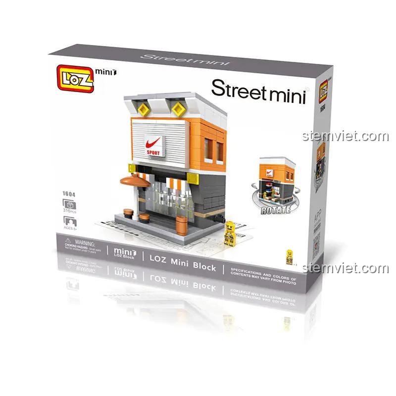Hộp sản phẩm của bộ xếp hình 1604 Tiệm đồ thể thao tí hon, thương hiệu LOZ, dòng Street Mini, món quà hấp dẫn cho con gái.