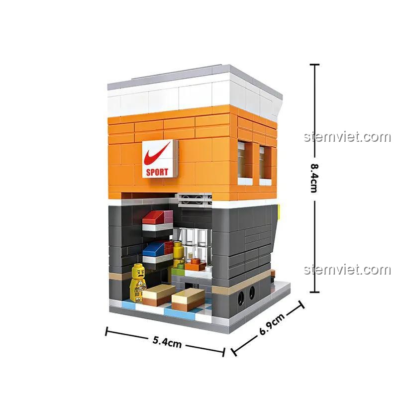 Ảnh thể hiện kích thước chi tiết của đồ chơi mô hình LOZ 1604, cao 8.4cm, dài 5.4cm và rộng 6.9cm, một món đồ chơi giá rẻ.