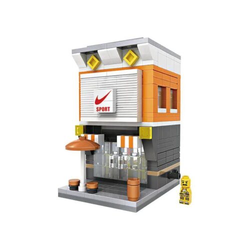 Hình ảnh bộ lắp ghép Mô hình cửa hàng thể thao LOZ 1604 với thiết kế 2 tầng màu cam và xám, phù hợp cho bé gái 6 tuổi.