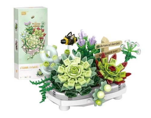 Hình ảnh hộp và sản phẩm hoàn thiện của bộ lắp ghép Chậu cây sen đá LOZ 1660, một món đồ chơi mô hình Vườn cây mini giá rẻ cho bé gái 6 tuổi.
