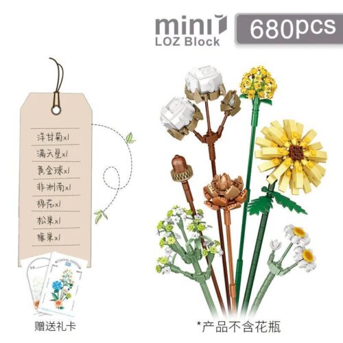 Chi tiết các loại hoa trong bộ xếp hình LOZ 1670 Bó Hoa Hướng Dương và Cúc Họa Mi, chiều cao có thể điều chỉnh.
