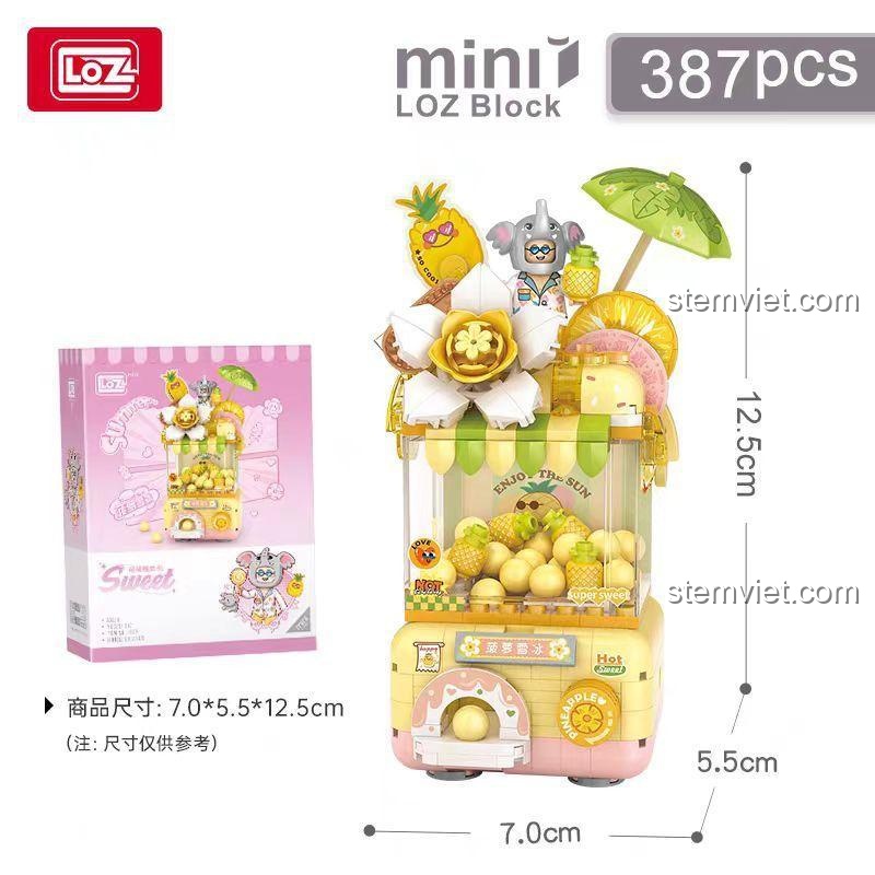 Kích thước bộ lắp ghép LOZ 1677 Máy Bán Kẹo Tự Động Vị Dứa, đồ chơi cho bé gái 8 tuổi.