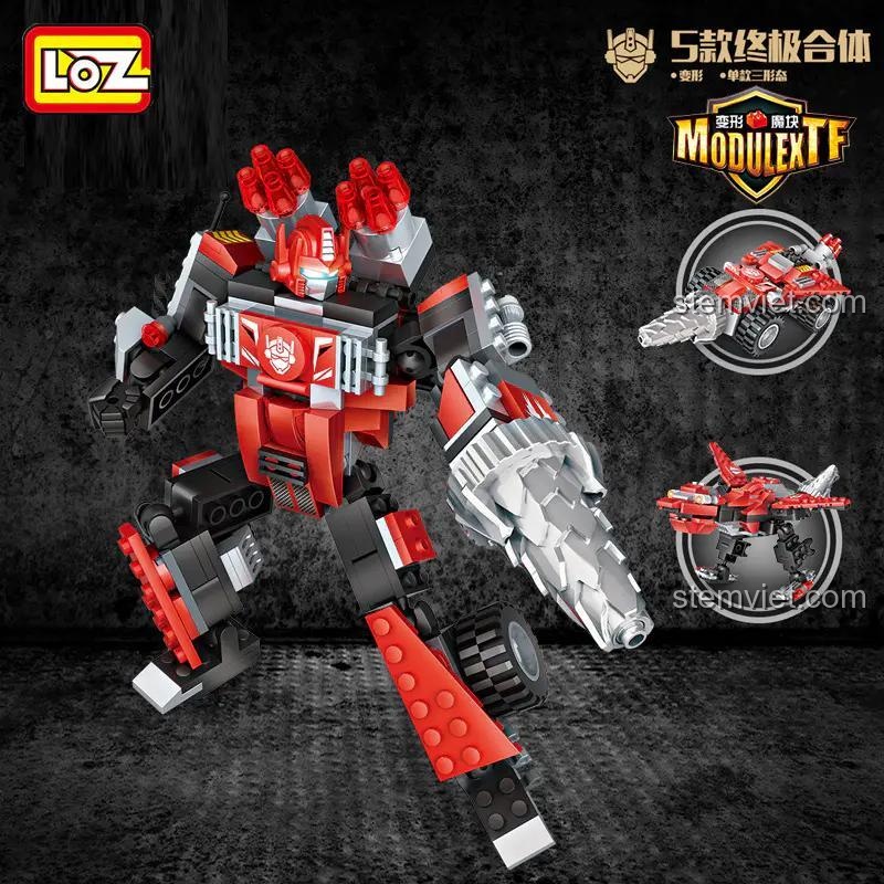 Các mẫu lắp ráp của đồ chơi mô hình LOZ 1819 Robot Devastator, biến hình thành xe khoan và máy bay cực ngầu.