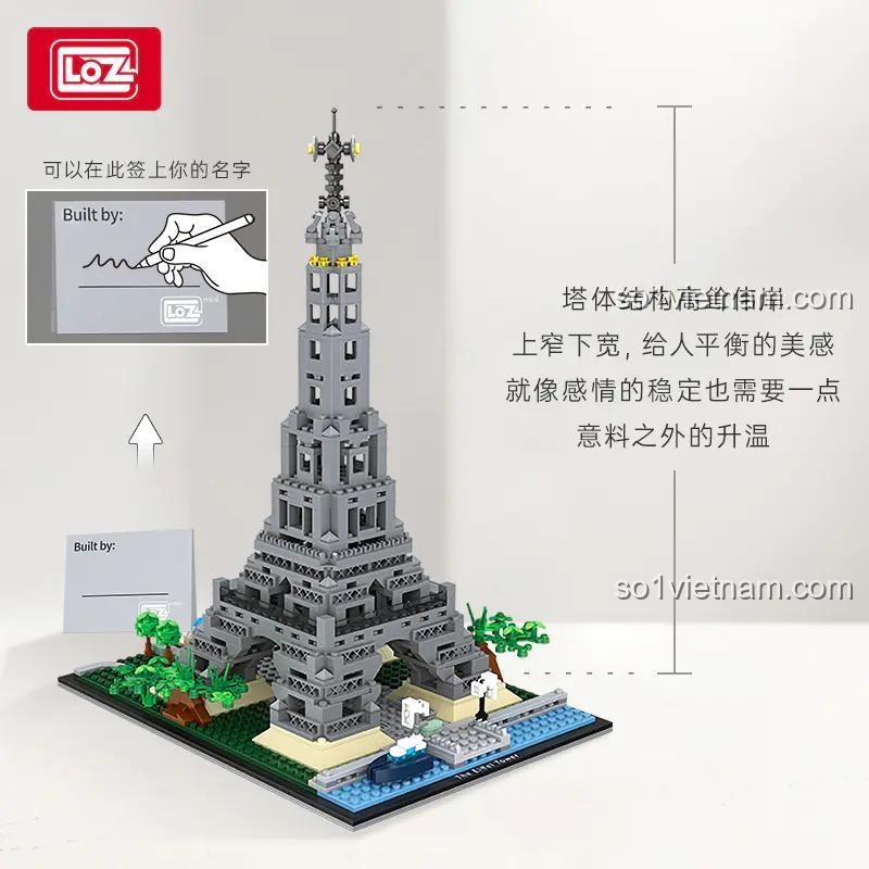 Chi tiết bộ xếp hình 1929 Tháp Eiffel của LOZ, nổi bật với cấu trúc cân bằng và tấm biển 'Built by' độc đáo, phù hợp cho cả con trai và con gái.