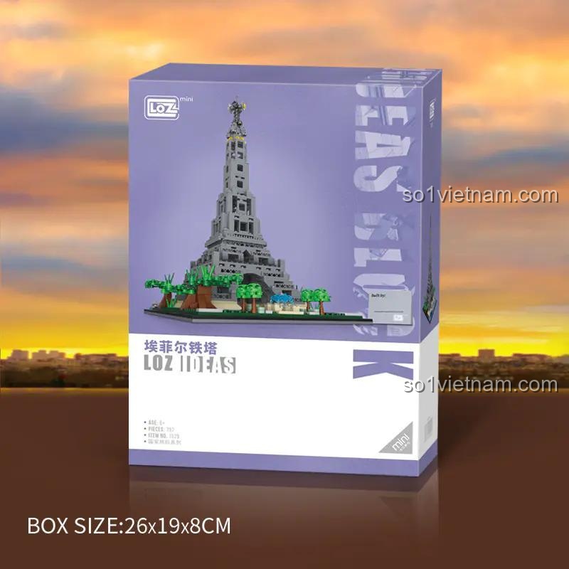 Hình ảnh hộp sản phẩm đồ chơi mô hình LOZ 1929 Tháp Eiffel, món quà tặng sinh nhật ý nghĩa với 792 chi tiết mini block.