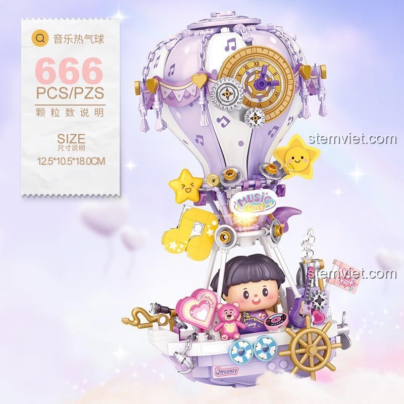 Chi tiết mô hình khinh khí cầu phát nhạc 4111, với 666 mảnh ghép mini block, kích thước 12.5x10.5x18.0cm.