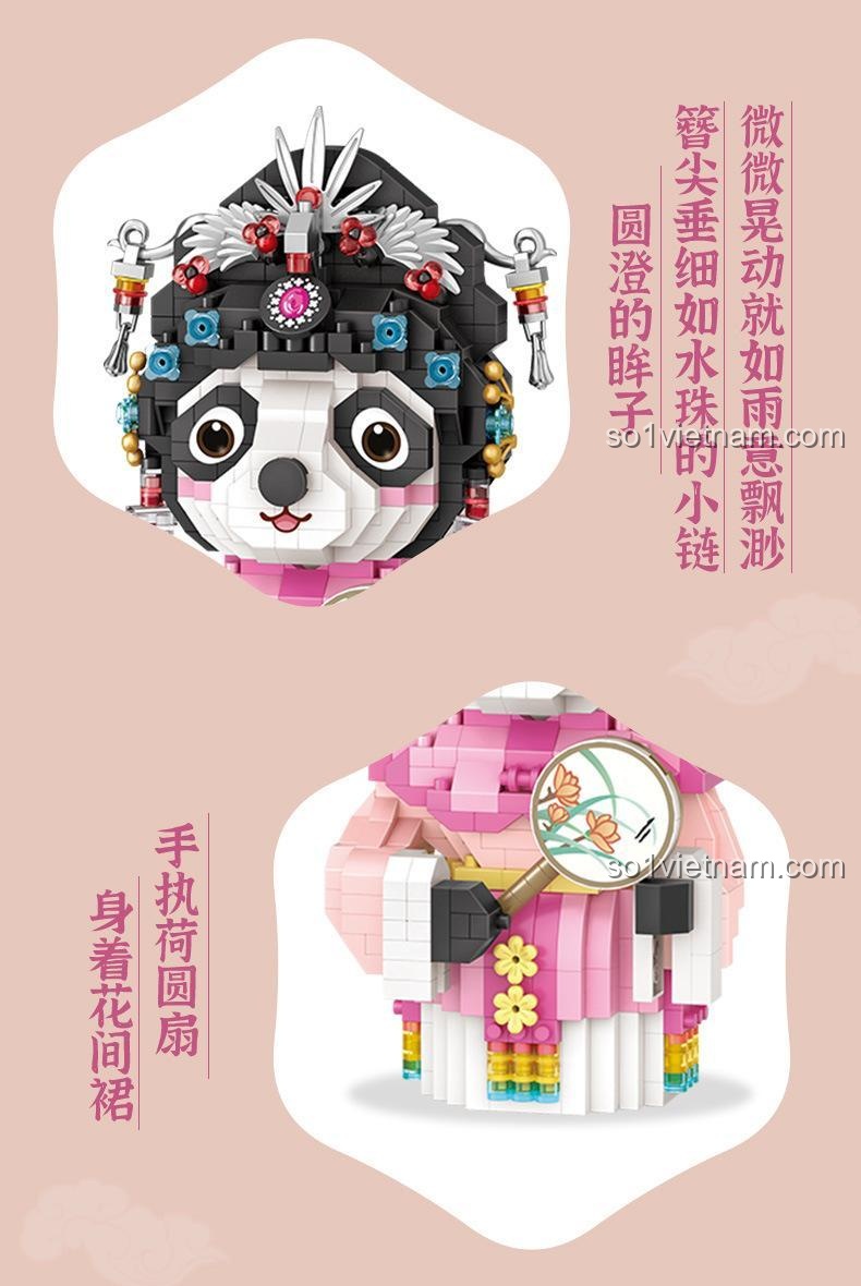 Panda Kinh Kịch LOZ 8108, bộ lắp ghép văn hóa Trung Hoa, chi tiết mũ đội đầu và quạt, quà sinh nhật con gái