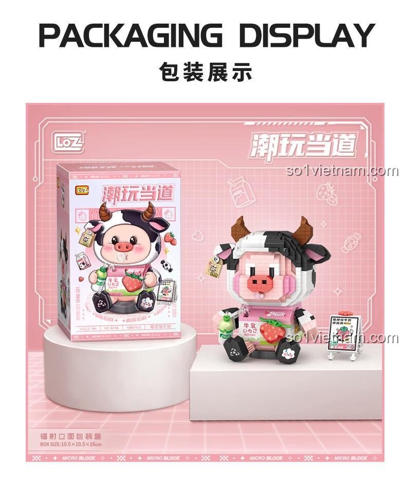 Mô hình Bò Sữa Dâu Tây với bảng quảng cáo từ bộ đồ chơi LOZ 8134 - Mô hình Bò Sữa Dâu Tây, 1060 mảnh ghép, phù hợp cho bé 14 tuổi