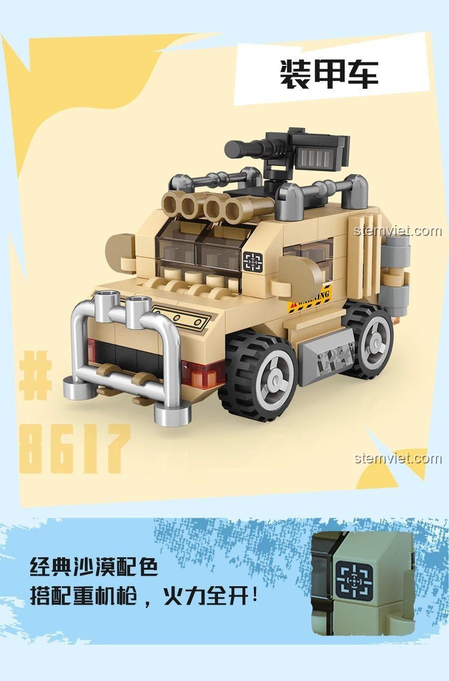 Hộp đồ chơi lắp ráp LOZ 8617 Xe Bọc Thép Quân Sự Nanoblock, màu vàng đất cổ điển, có súng máy, dành cho con trai 14 tuổi.