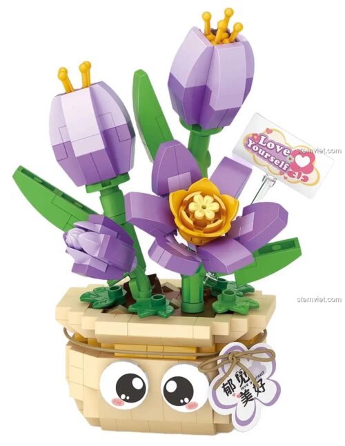 Mô hình chậu hoa Tulip tím LOZ 8842 sau khi lắp ráp. Đồ chơi mô hình 380 mảnh cho bé gái, rèn luyện sự khéo léo.
