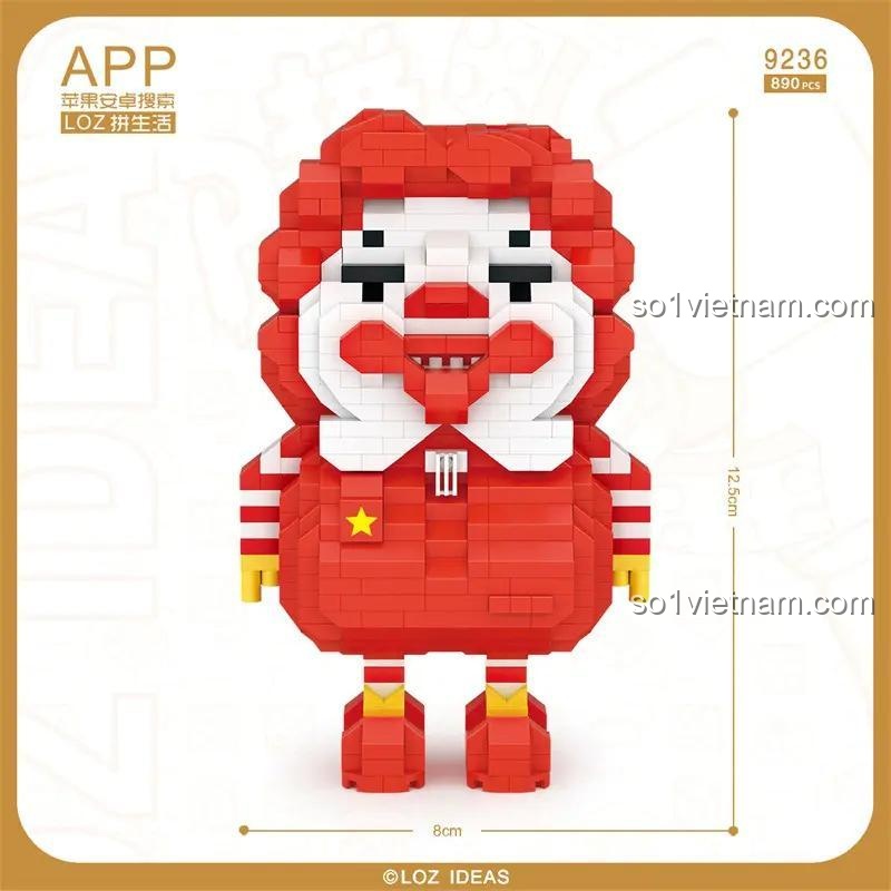 Hộp đồ chơi mô hình LOZ 9236 Chú Hề McDonald's, kích thước 8x12.5cm, bộ xếp hình Nanoblock chất lượng cao, phù hợp trẻ em 6 tuổi.
