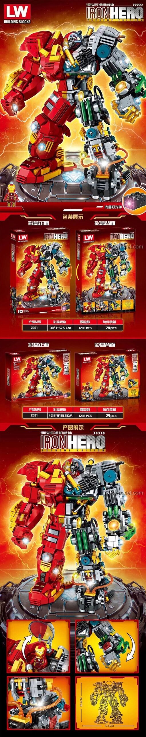 Poster quảng cáo bộ đồ chơi mô hình LW 2081 Iron Hero Hulkbuster, thể hiện chi tiết và các góc nhìn khác nhau.