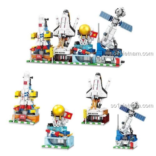 Đồ chơi lắp ráp LWCK 80022 với 4 mẫu riêng biệt: Tên Lửa Vũ Trụ, Tàu Con Thoi, Vệ Tinh, Bảo Tàng Hàng Không, kích thích sáng tạo cho bé trai 6 tuổi.