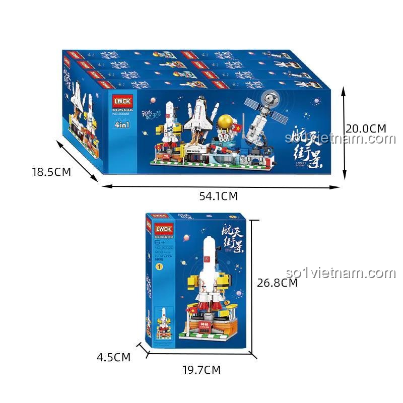 Hộp bộ lắp ghép LWCK 80022 Phố Vũ Trụ, thể hiện kích thước chi tiết, đồ chơi lắp ráp chất lượng cao cho bé trai 6 tuổi.