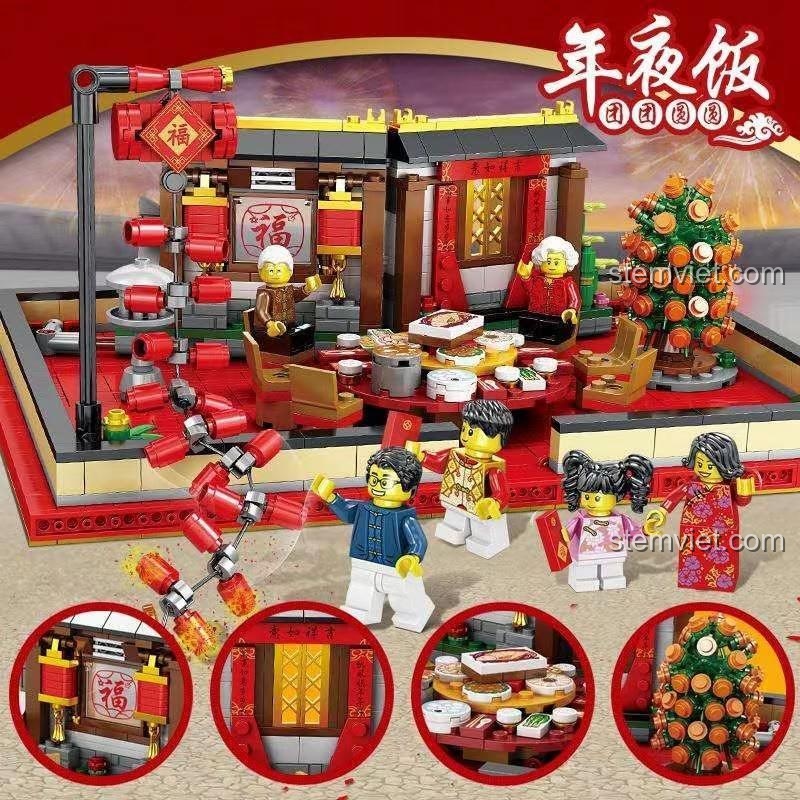 Cận cảnh bữa cơm tất niên trong bộ lắp ghép Bữa Cơm Tất Niên 808, đồ chơi giáo dục cho bé từ 6 tuổi.