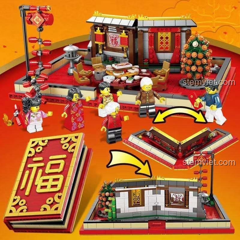 Mô hình Cảnh Đoàn Viên Ngày Tết LWCK 808 với 6 minifigures gia đình sum vầy, giá tốt.