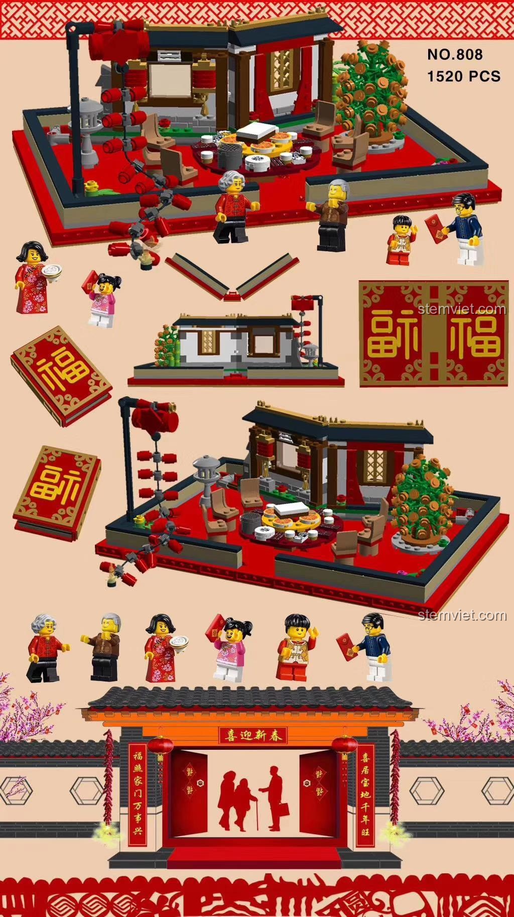 Chi tiết các bộ phận của Sách Gạch Xếp Hình Tết LWCK, bao gồm 1520 mảnh ghép chất lượng cao.