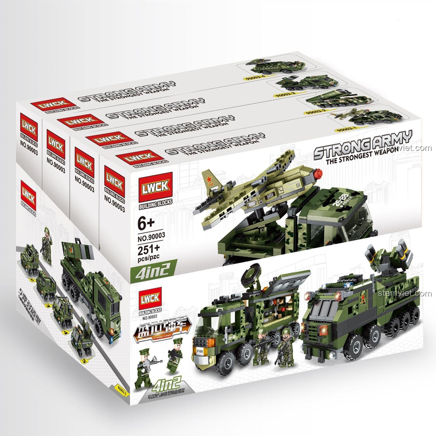 Hộp sản phẩm bộ đồ chơi LWCK 90003, bộ lắp ráp quân sự 1027 mảnh ghép, lắp được 4 kiểu xe chiến đấu.