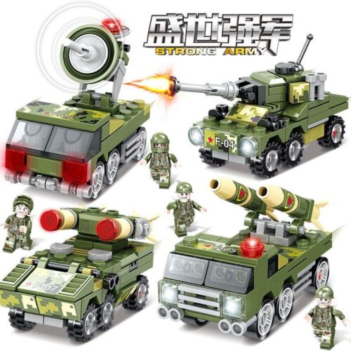 Bộ đồ chơi LWCK 90007-1 Xe quân sự 4 kiểu, đồ chơi lắp ráp xe tăng quân sự cho bé trai 6 tuổi, giá tốt, có động cơ kéo lùi.
