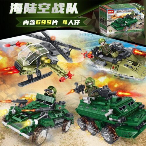Bộ lắp ghép LWCK 90008 Đội Chiến Đấu Hải Lục Không với 4 mẫu xe quân sự, trực thăng, xe bọc thép cho bé trai 6 tuổi, giá tốt
