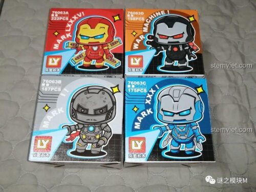 Hộp sản phẩm bộ xếp hình LY 76063A Iron Man Mark LXXXV và 76063D War Machine, thiết kế Q-Version, đồ chơi lắp ghép cho bé trai 6 tuổi.