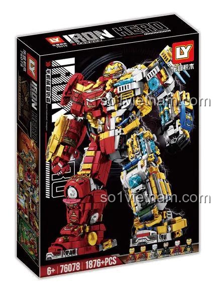 Hộp sản phẩm bộ đồ chơi Iron Hero LY 76078, có hình ảnh robot và các minifigure