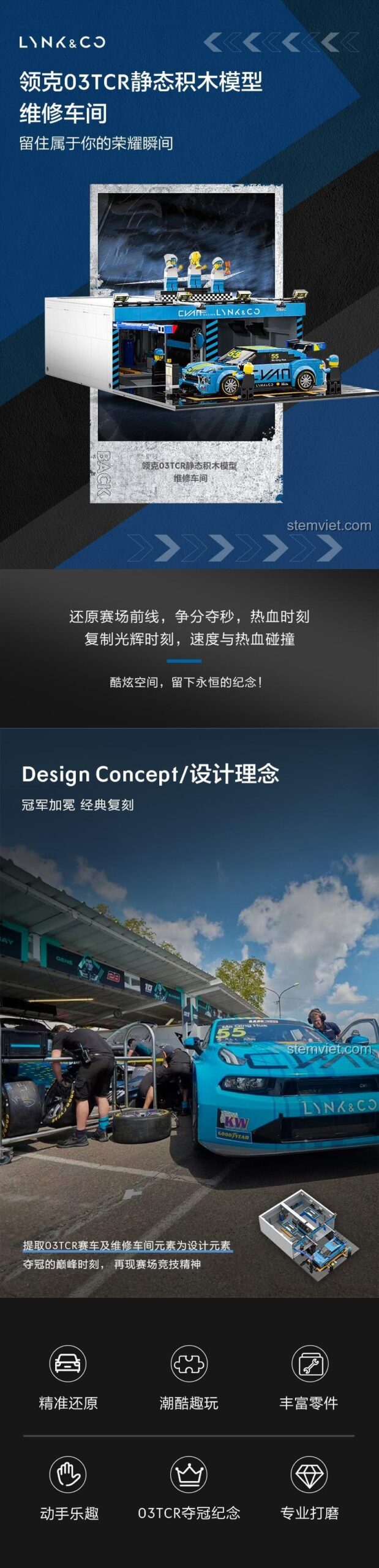 Poster quảng cáo đồ chơi mô hình Lynk & Co 03TCR và xưởng bảo dưỡng, nhấn mạnh thiết kế và khoảnh khắc vinh quang.