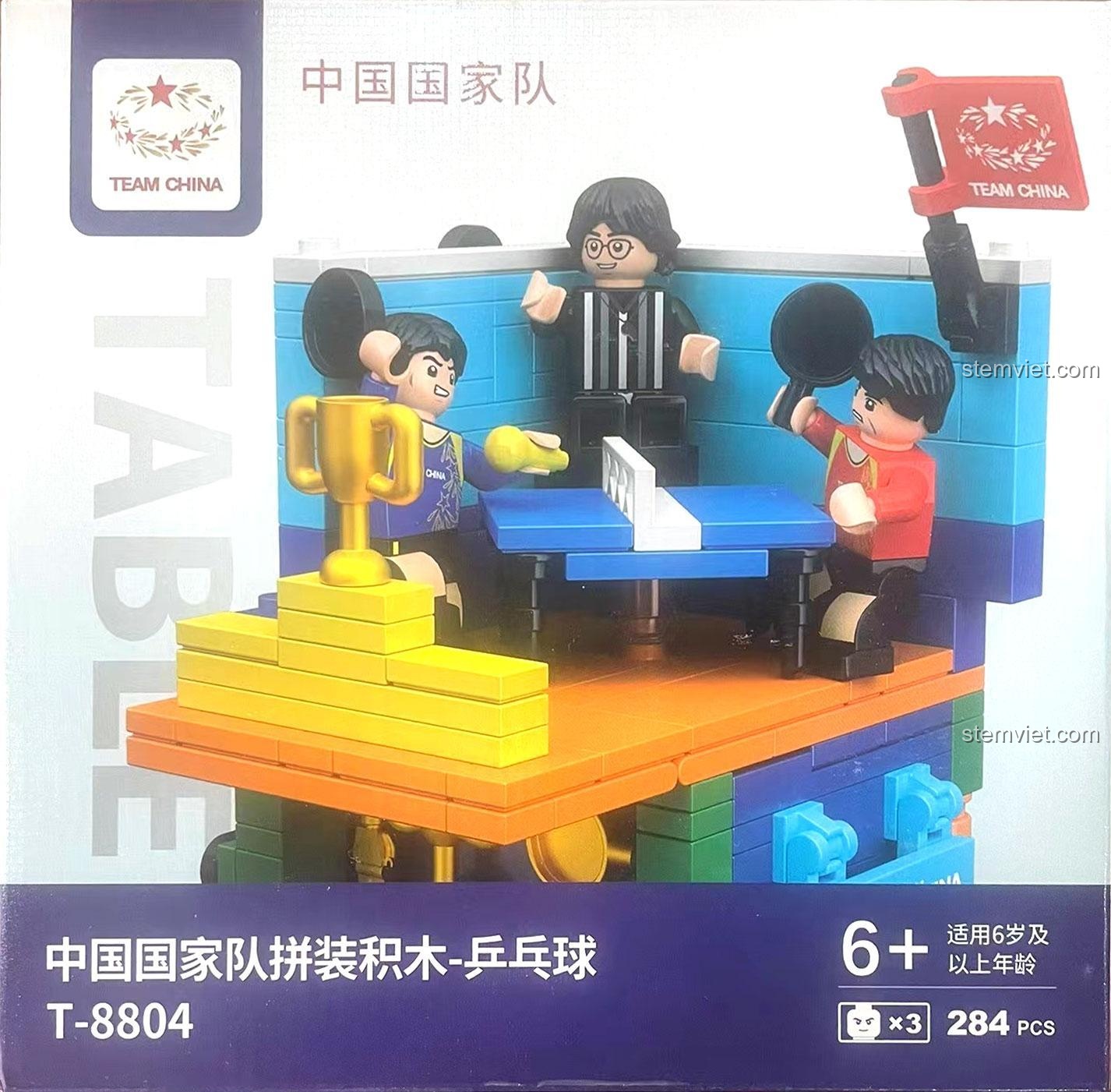 Hộp sản phẩm đồ chơi xếp hình Magic Vigour T-8804 chủ đề bóng bàn với 284 chi tiết.
