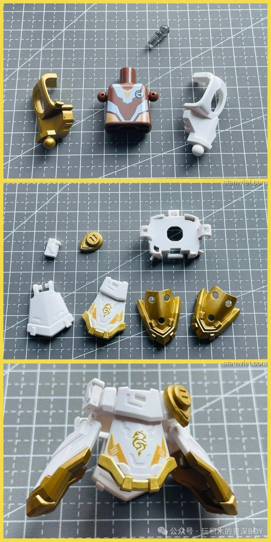 Các mảnh ghép của phần thân và tay mô hình Lưu Bị Chiến Giáp, với giáp trụ màu trắng và vàng kim.