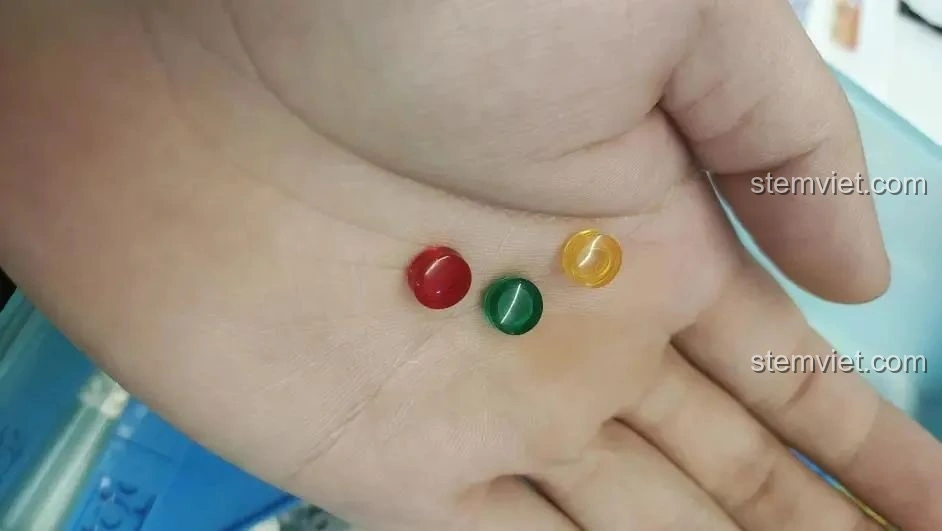 Ba mảnh tròn nhỏ 1x1 có bề mặt cong màu đỏ, xanh lá và vàng, chi tiết của bộ WOMA C0407.