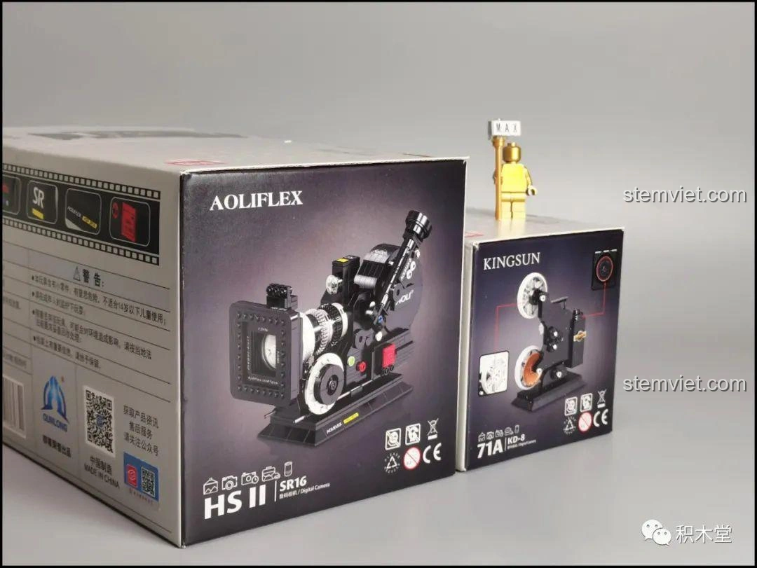 Mặt bên hộp bộ lắp ghép Zhegao 00907 Máy Chiếu Phim Cổ Điển và 00906 Máy Quay Phim Vintage.